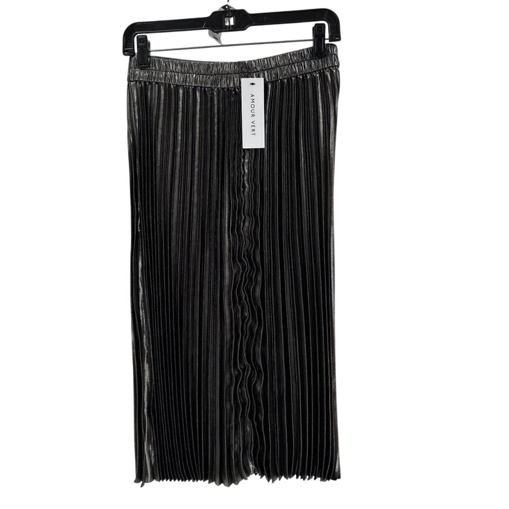 Amour Vert Silver Metallic Pleated Midi Skirt NWT Small